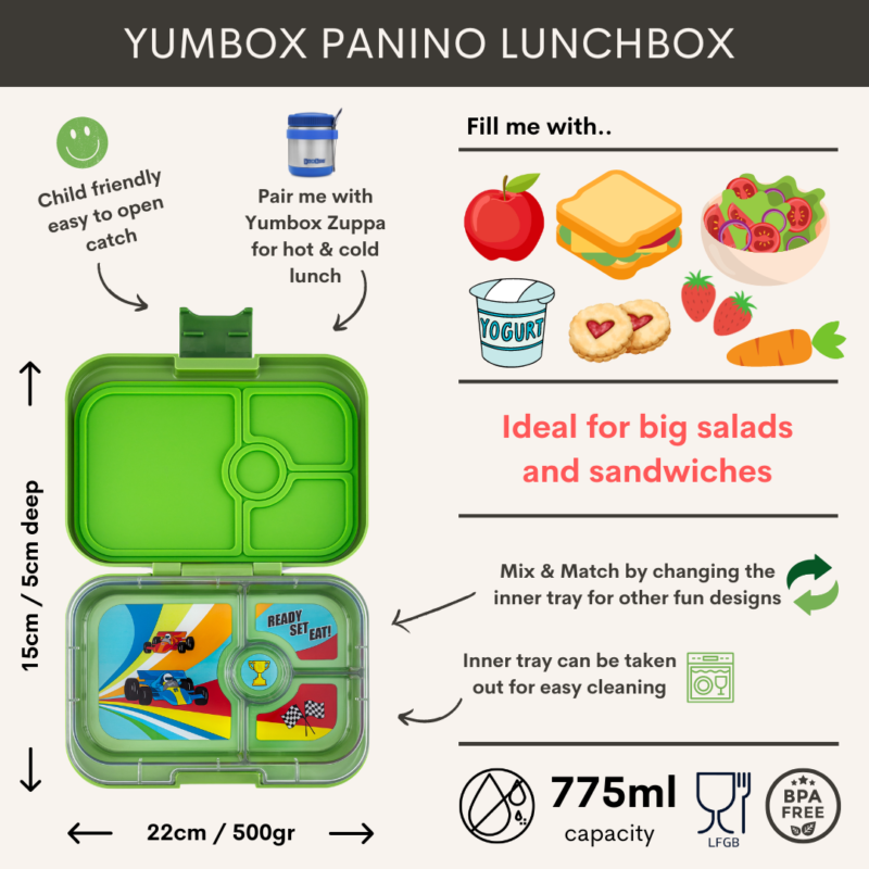 Yumbox Panino 4-sections Matcha Green / Race Cars tray - Image 4