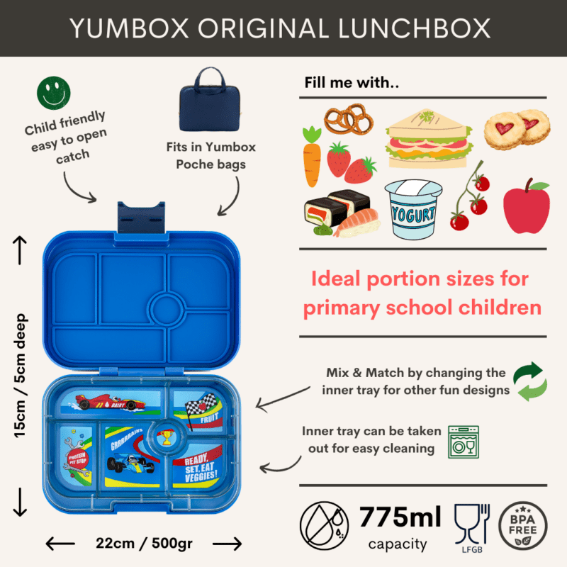 Original - Leakproof Bento Box lunchbox - 6-sections - Surf Blue / Race Cars tray By Yumbox - Image 2