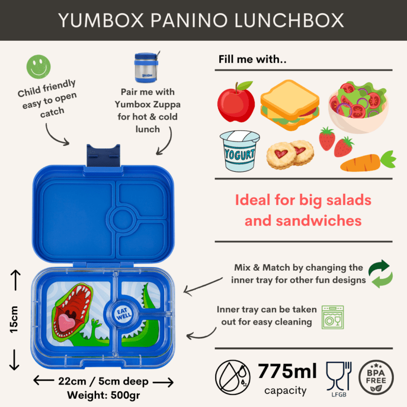 Panino - Leakproof Sandwich friendly Bento box - 4-sections - Surf Blue / Dinosaur tray By Yumbox - Image 2