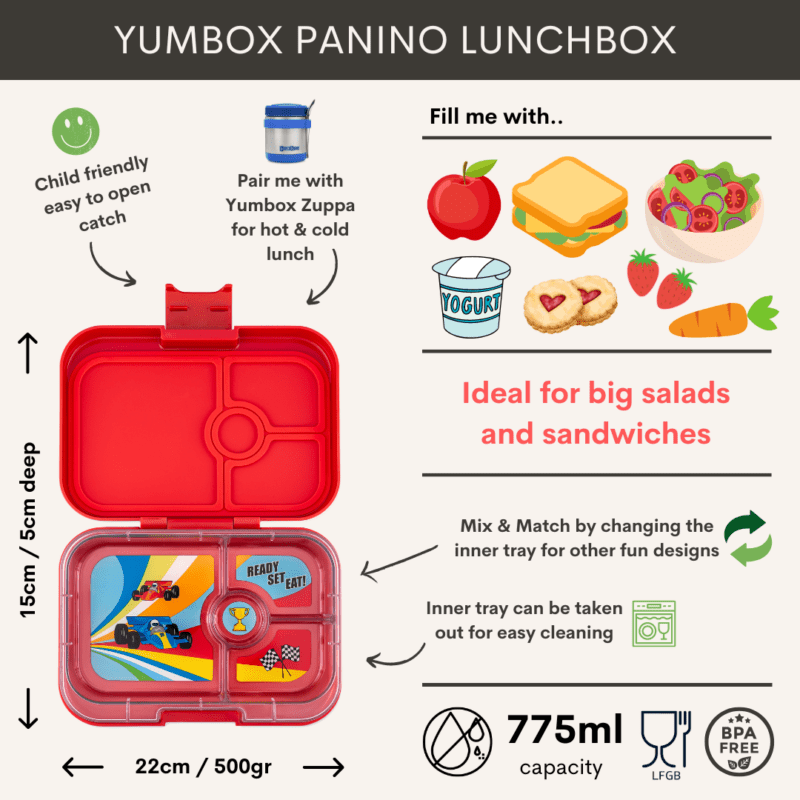 Panino - Leakproof Sandwich friendly Bento box - 4-sections - Roar Red / Race Cars tray By Yumbox - Image 2