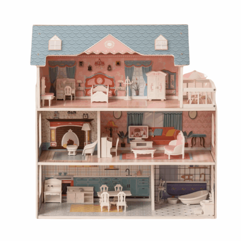 Wooden Dollhouse With 3 Floors and 28 Accessories