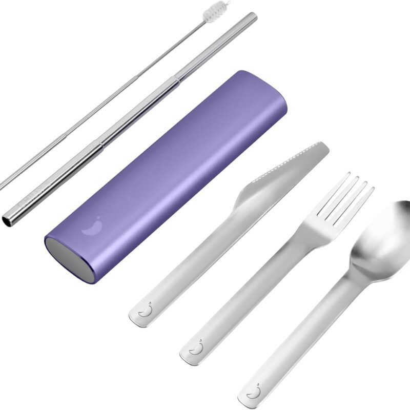 Chilly's Cutlery - Stainless Steel Utensils With Aluminium Travel Case - Knife, Fork, Spoon, & Straw - Lavender By Chilly's