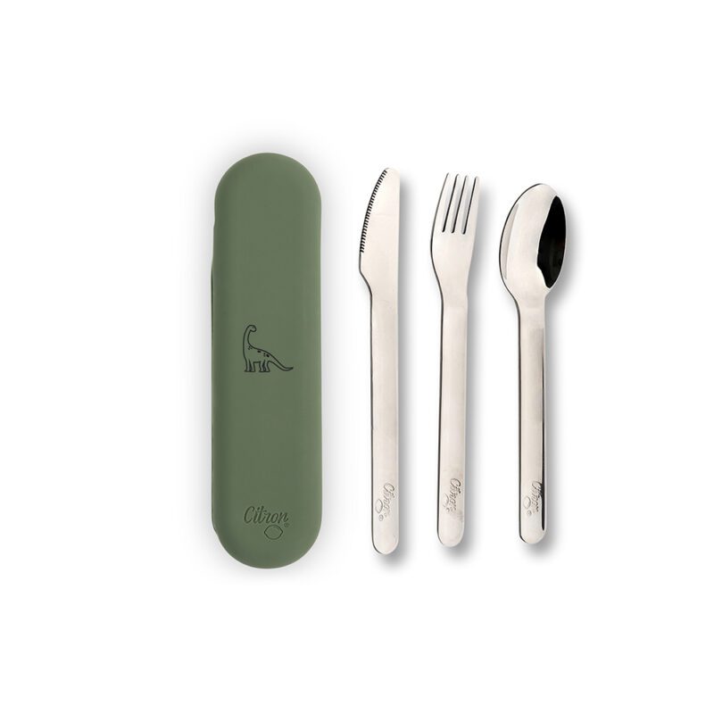 Stainless Steel Cutlery Set With Silicon Case - Dino Green By Citron