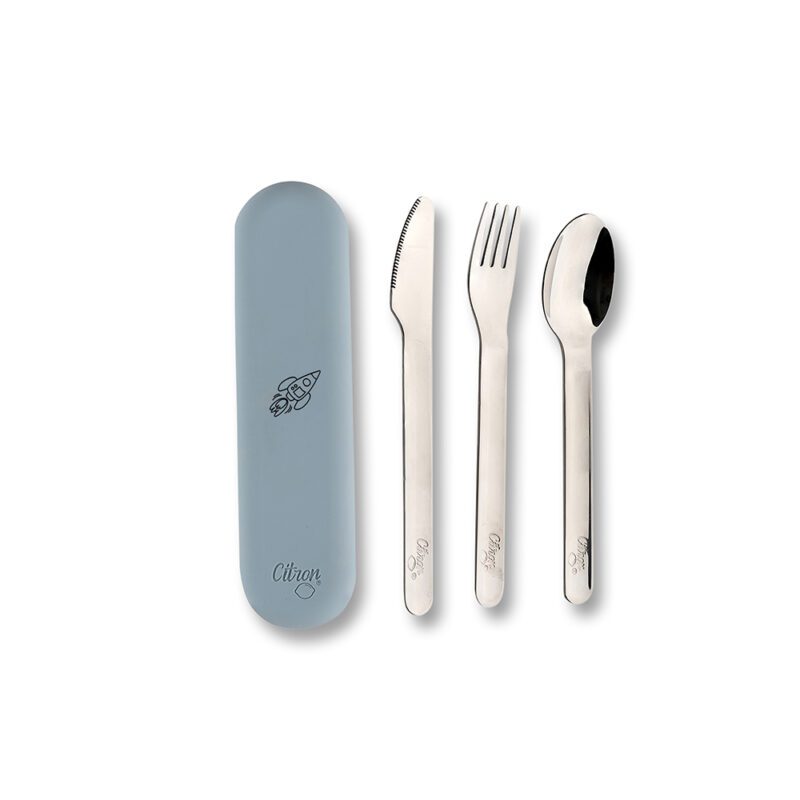 Stainless Steel Cutlery Set With Silicon Case - Spaceship Dusty Blue By Citron