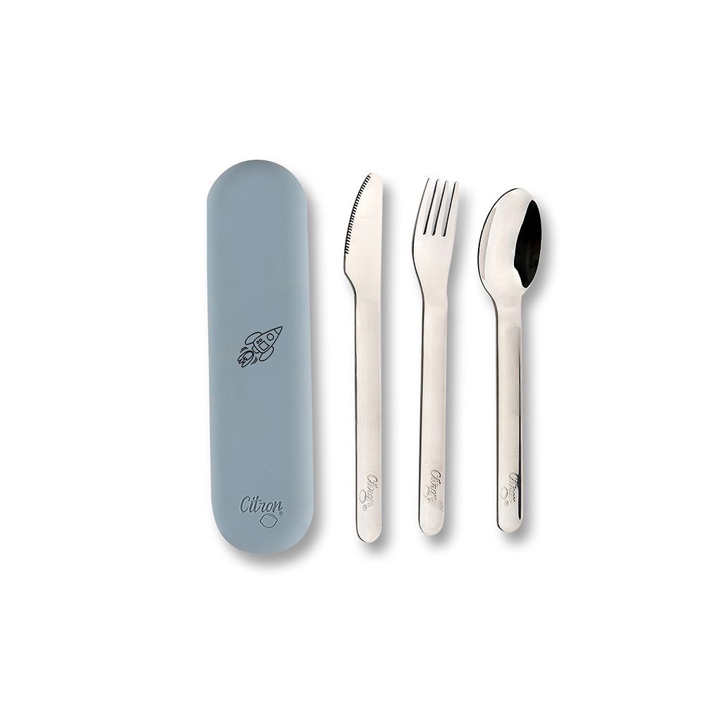 Stainless Steel Cutlery Set With Silicon Case - Spaceship Dusty Blue By Citron