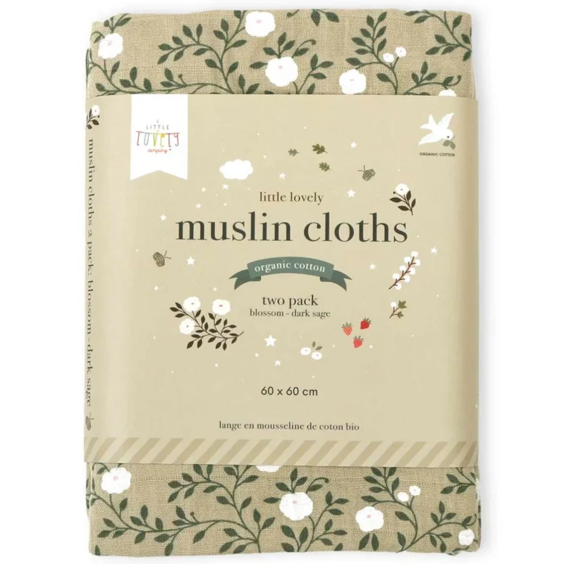 Muslin Cloth Set Of 2 Blossom - Dark Sage By Little Lovely Company